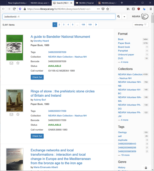 a screenshot of some book listings in the online NEARA Library catalog
